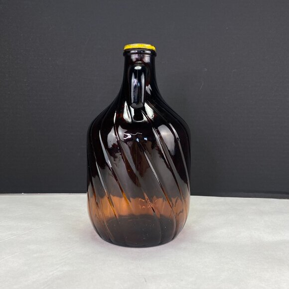Vintage Amber Swirl Glass Jug Bottle With Handle & Yellow Metal Lid - Picture 2 of 11